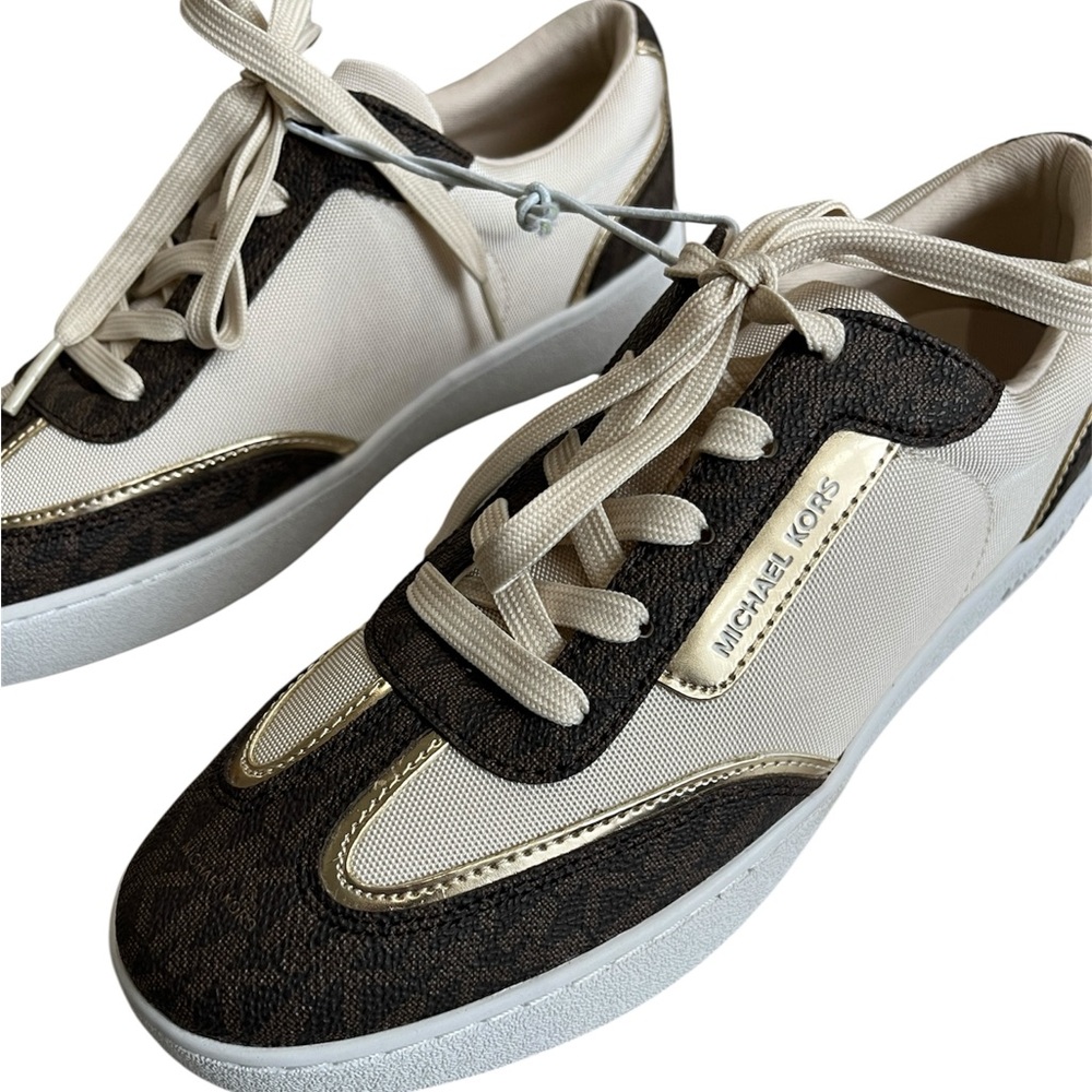 Michael Kors Brown Cream Mixed Media Branded Fashion Tie Sneakers Shoes NEW 7.5‎